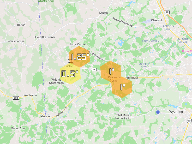 Hail map of Hartly, DE on Jul 5, 2026, hail up to 1.25"