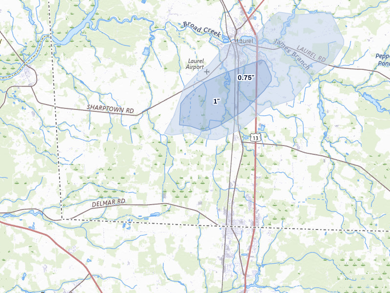 NEXRAD radar-signature map of the hail over Laurel, DE