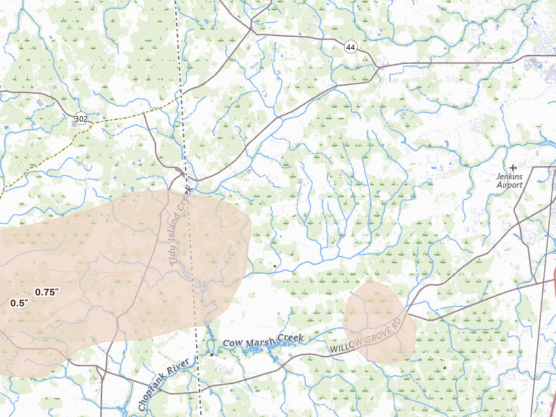 Radar-estimated hail-size map of the storm over Marydel, DE on Jul 18, 2026