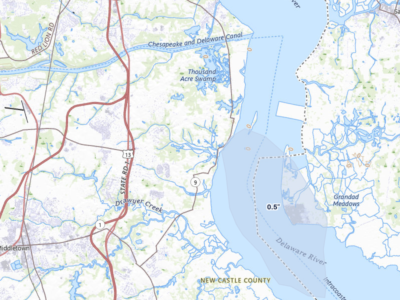 NEXRAD radar-signature map of the hail storm over Middletown, DE on Jul 5, 2026