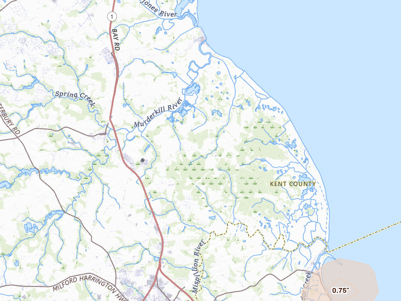 Radar-estimated hail-size map of the storm over Milford, DE on Jul 4, 2026