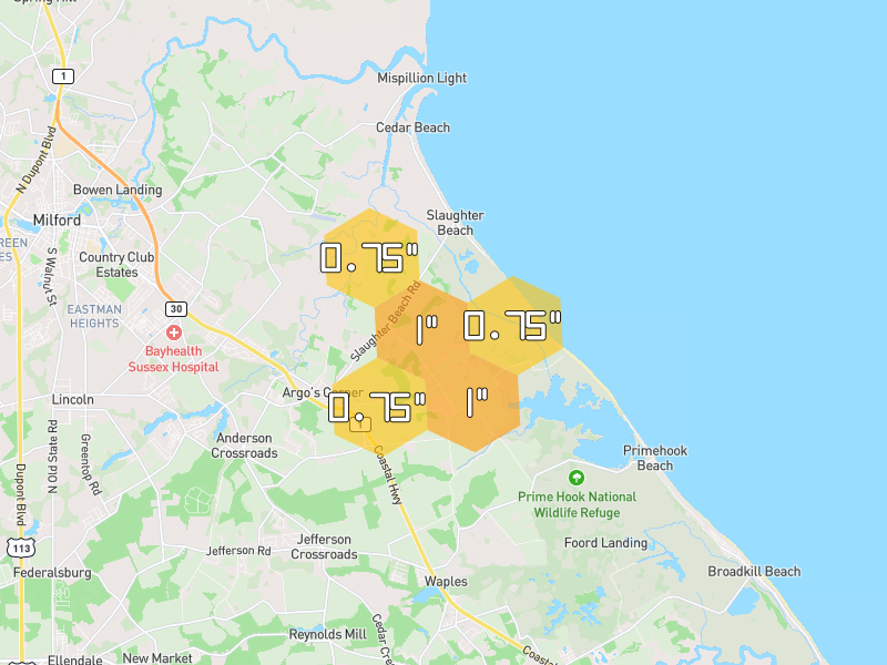 Hail map of Milford, DE on Jul 4, 2026, hail up to 1"