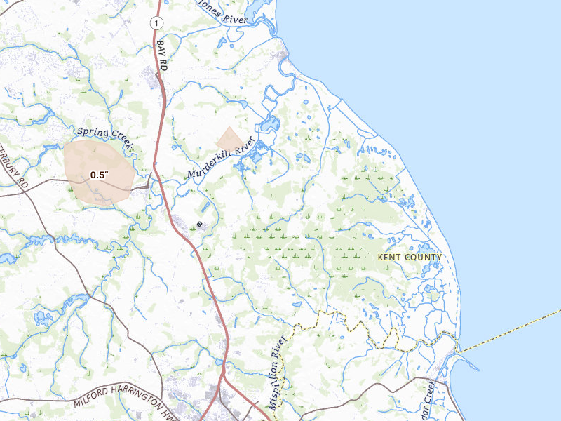 Radar-estimated hail-size map of the storm over Milford, DE on Jul 21, 2026