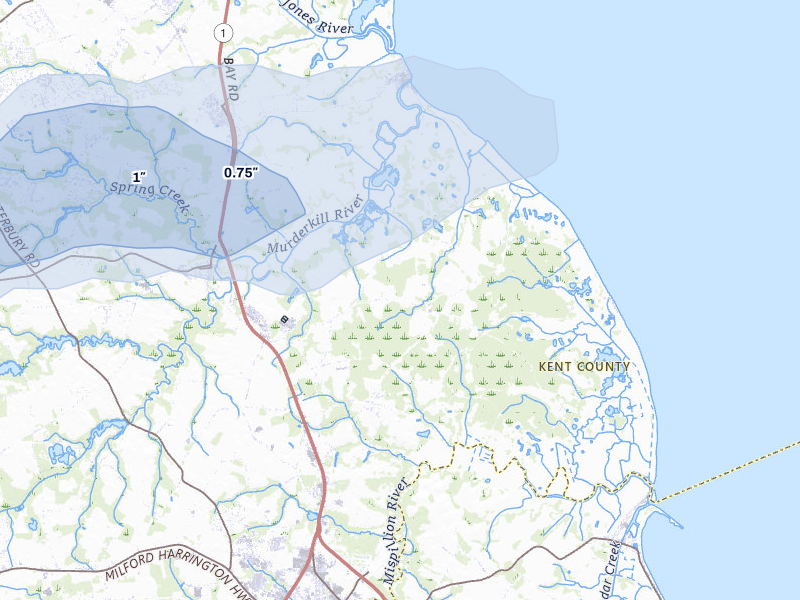NEXRAD radar-signature map of the hail over Milford, DE