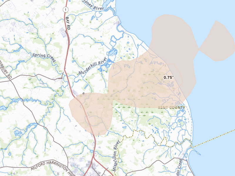 Radar-estimated hail-size map of the storm over Milford, DE on Aug 20, 2026