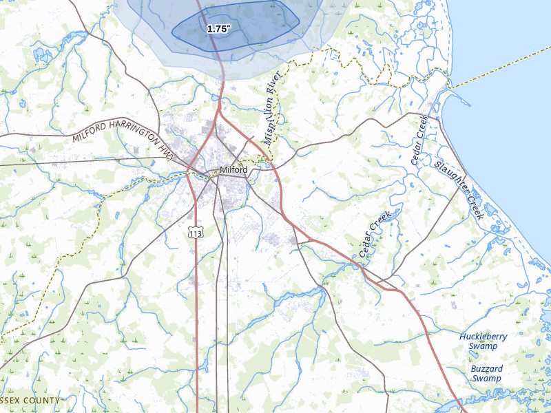 NEXRAD radar-signature map of the hail storm over Milford, DE on Aug 20, 2026