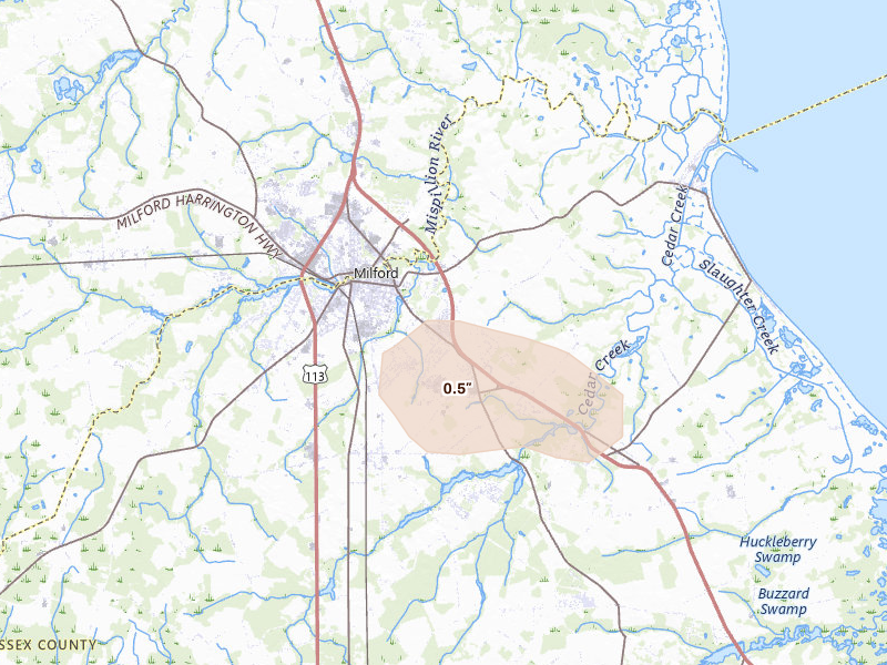 Radar-estimated hail-size map of the storm over Milford, DE
