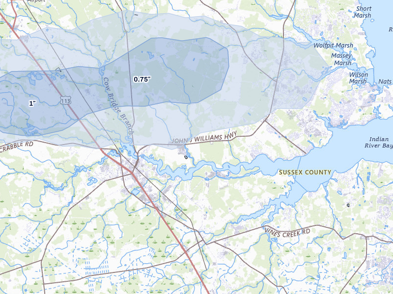 NEXRAD radar-signature map of the hail storm over Millsboro, DE on Apr 1, 2026