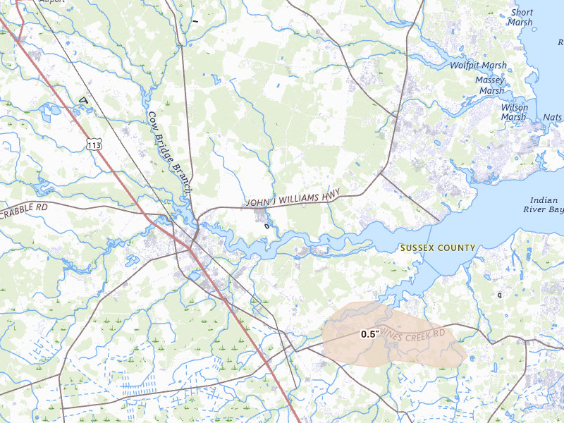 Radar-estimated hail-size map of the storm over Millsboro, DE on Jun 27, 2026