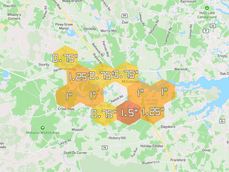 Hail map of Millsboro, DE on Jun 27, 2026, hail up to 1.5"