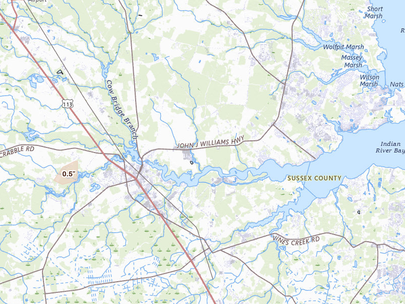 Radar-estimated hail-size map of the storm over Millsboro, DE on Jul 27, 2026