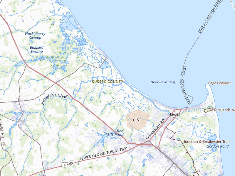Radar-estimated hail-size map of the storm over Milton, DE on Jul 18, 2026