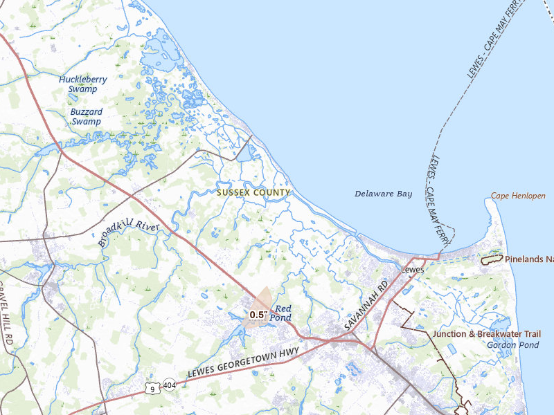 Radar-estimated hail-size map of the storm over Milton, DE on Aug 20, 2026