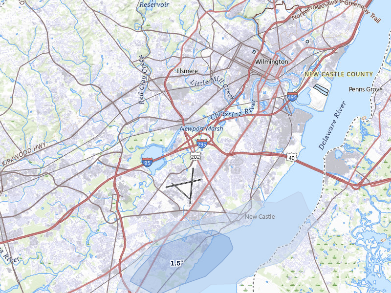 NEXRAD radar-signature map of the hail storm over New Castle, DE on Jul 21, 2026