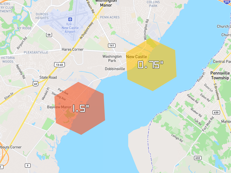 Hail map of New Castle, DE on Jul 21, 2026, hail up to 1.5"