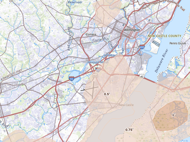 Radar-estimated hail-size map of the storm over New Castle, DE on Aug 27, 2026