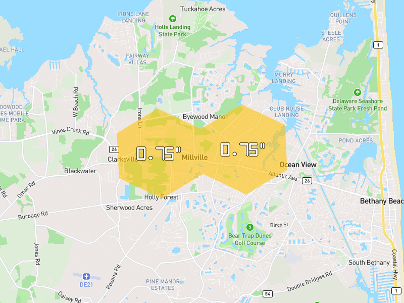 Hail map of Ocean View, DE on Jun 27, 2026, hail up to 0.75"