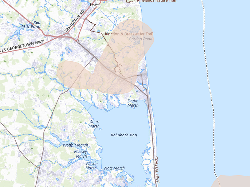 Radar-estimated hail-size map of the storm over Rehoboth Beach, DE on Aug 10, 2026