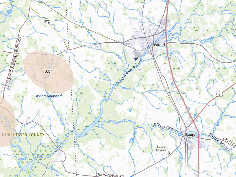 Radar-estimated hail-size map of the storm over Seaford, DE on Jul 18, 2026