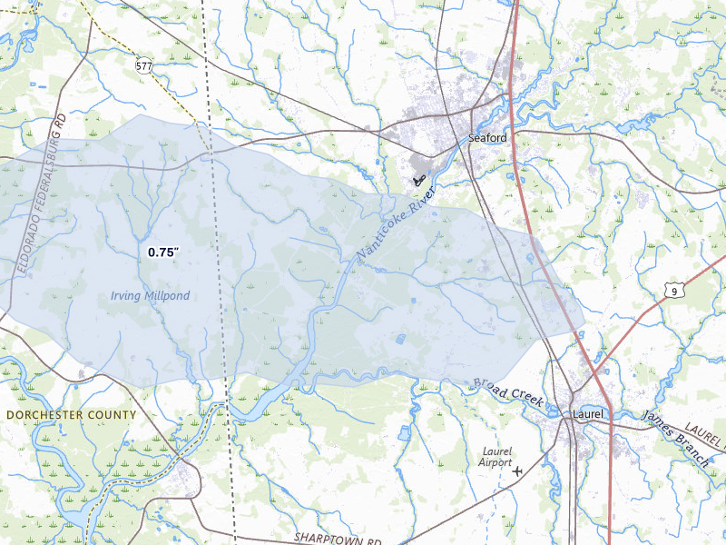 NEXRAD radar-signature map of the hail storm over Seaford, DE on Jul 28, 2026
