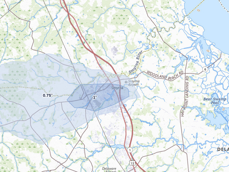 NEXRAD radar-signature map of the hail storm over Smyrna, DE on Apr 1, 2026