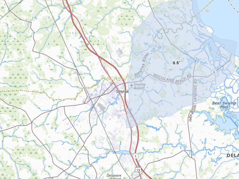 NEXRAD radar-signature map of the hail storm over Smyrna, DE on Jul 28, 2026