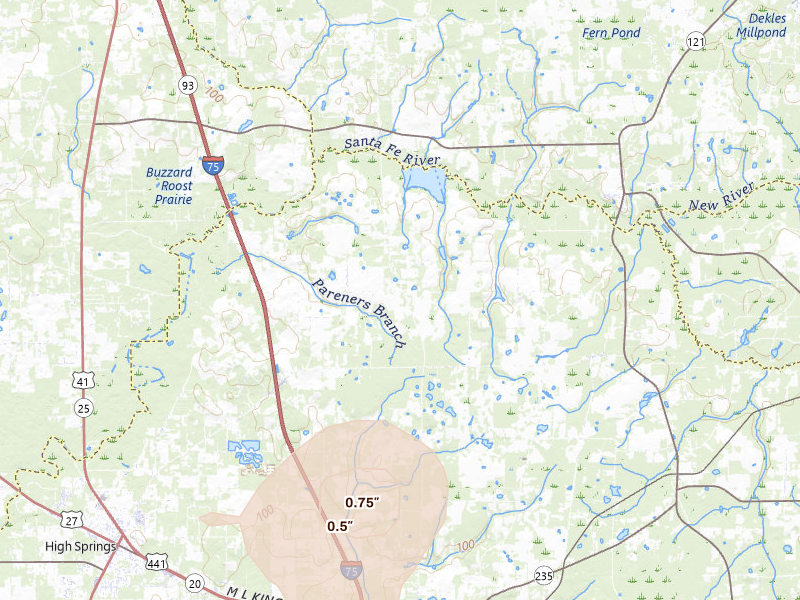 Radar-estimated hail-size map of the storm over Alachua, FL on May 24, 2026