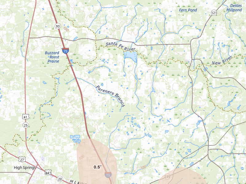 Radar-estimated hail-size map of the storm over Alachua, FL on Jul 30, 2026