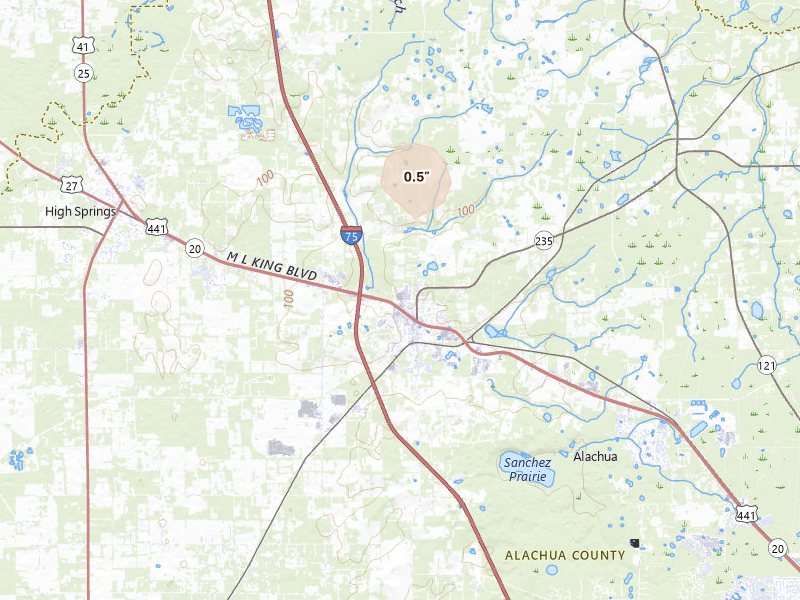Radar-estimated hail-size map of the storm over Alachua, FL on Aug 14, 2026