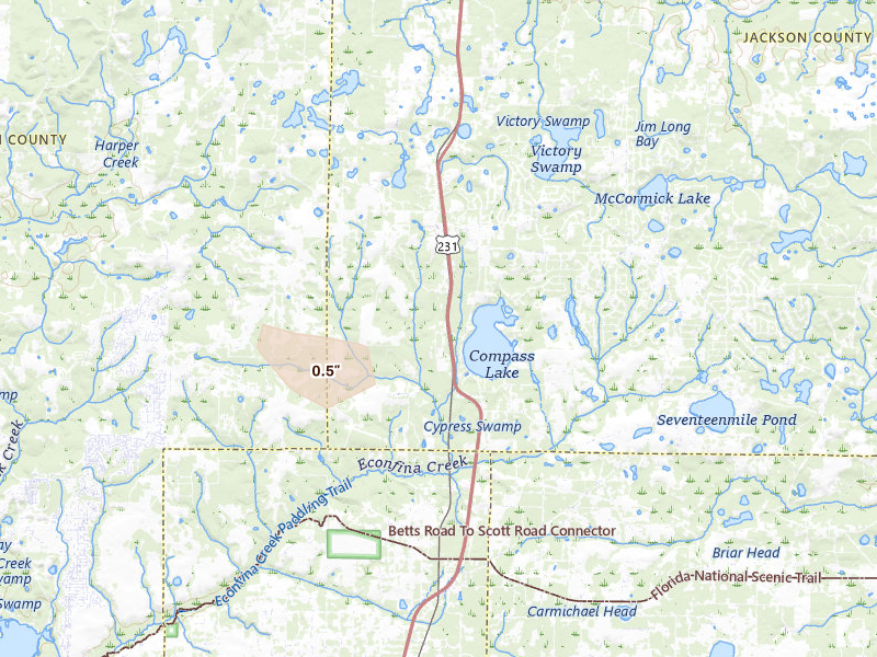 Radar-estimated hail-size map of the storm over Alford, FL on Jun 23, 2026