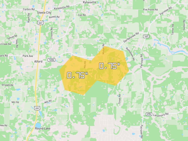 Hail map of Alford, FL on Jul 10, 2026, hail up to 0.75"