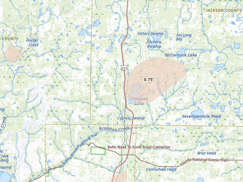 Radar-estimated hail-size map of the storm over Alford, FL on Aug 19, 2026