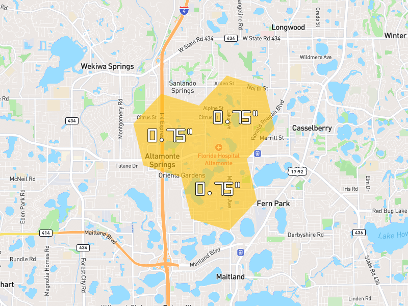 Hail map of Altamonte Springs, FL on Jun 29, 2026, hail up to 0.75"