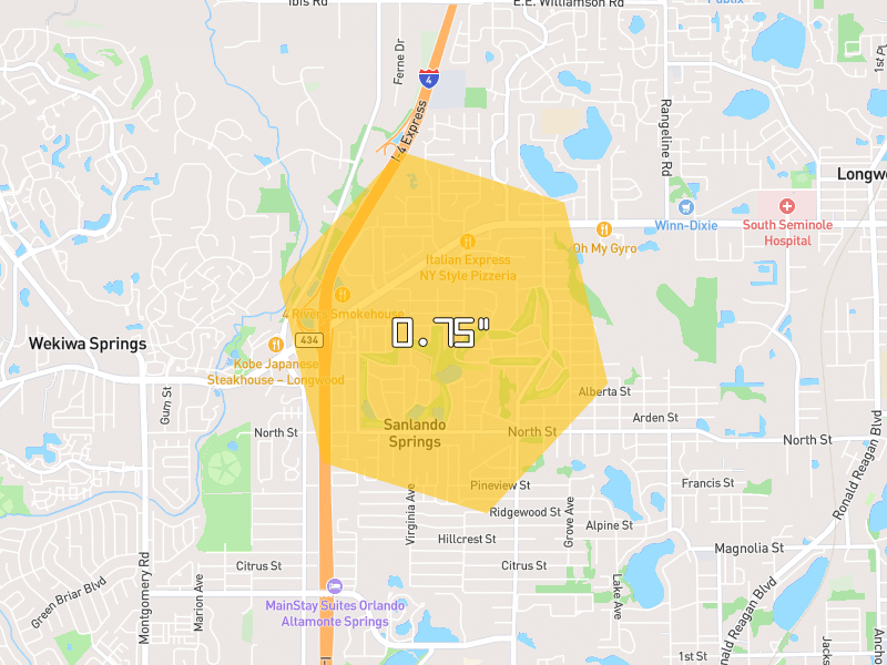 Hail map of Altamonte Springs, FL on Jun 30, 2026, hail up to 0.75"