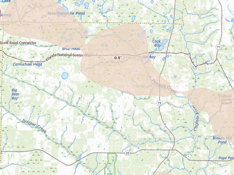 Radar-estimated hail-size map of the storm over Altha, FL on Jun 30, 2026