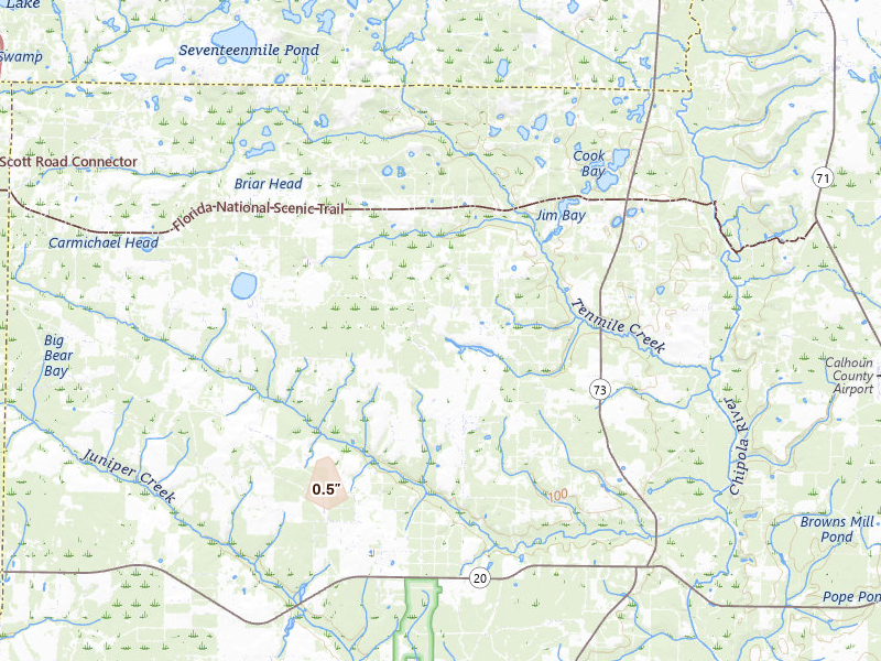Radar-estimated hail-size map of the storm over Altha, FL on Jul 30, 2026