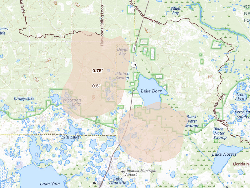 Radar-estimated hail-size map of the storm over Altoona, FL on Jun 24, 2026
