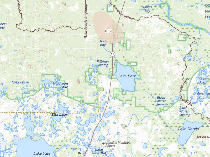 Radar-estimated hail-size map of the storm over Altoona, FL on Jul 8, 2026