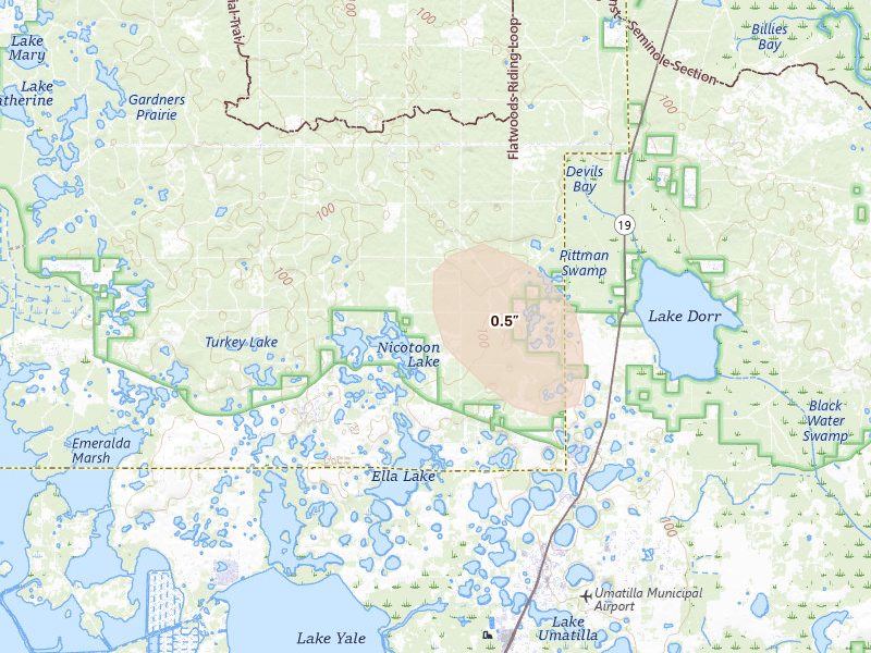 Radar-estimated hail-size map of the storm over Altoona, FL on Aug 19, 2026