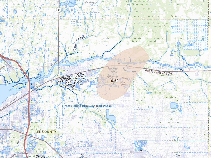 Radar-estimated hail-size map of the storm over Alva, FL on Mar 15, 2026