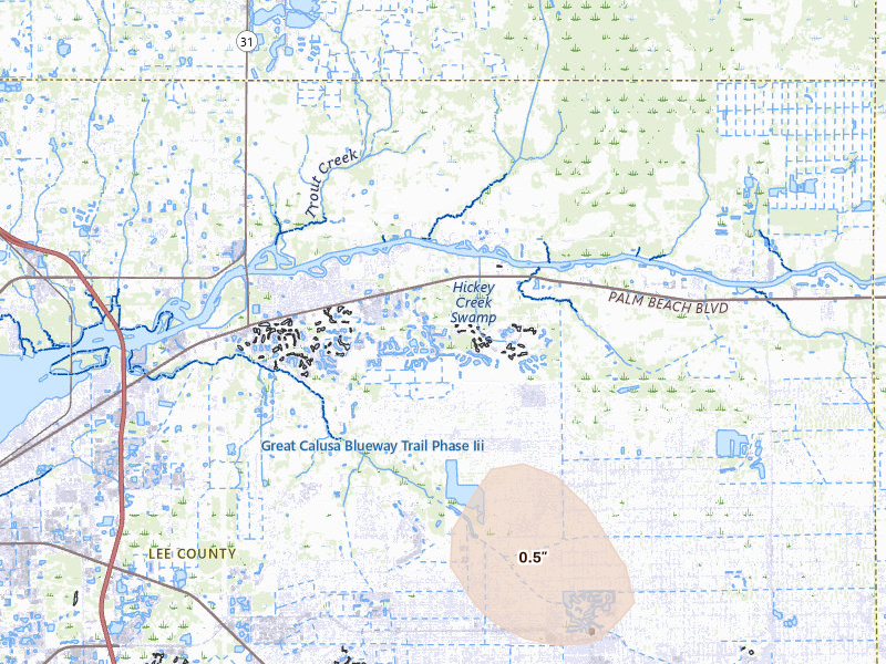 Radar-estimated hail-size map of the storm over Alva, FL on Apr 6, 2026