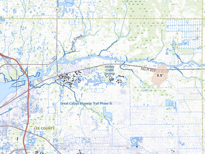 Radar-estimated hail-size map of the storm over Alva, FL on Jun 11, 2026