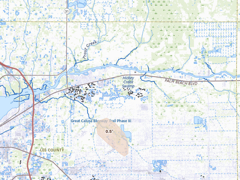 Radar-estimated hail-size map of the storm over Alva, FL on Jun 26, 2026