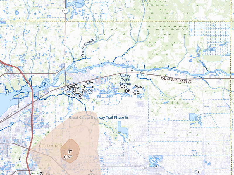 Radar-estimated hail-size map of the storm over Alva, FL on Jul 2, 2026
