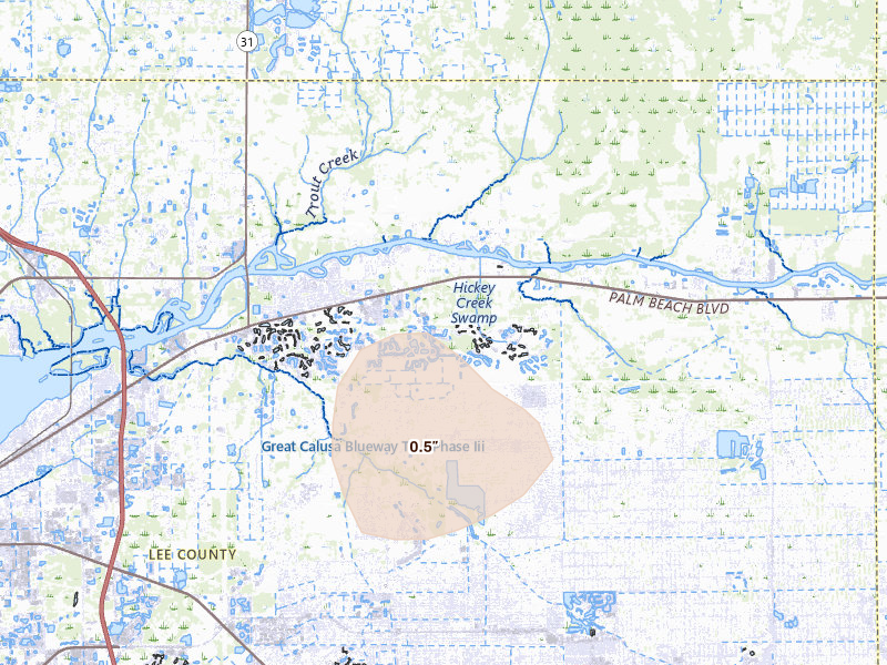 Radar-estimated hail-size map of the storm over Alva, FL on Aug 7, 2026