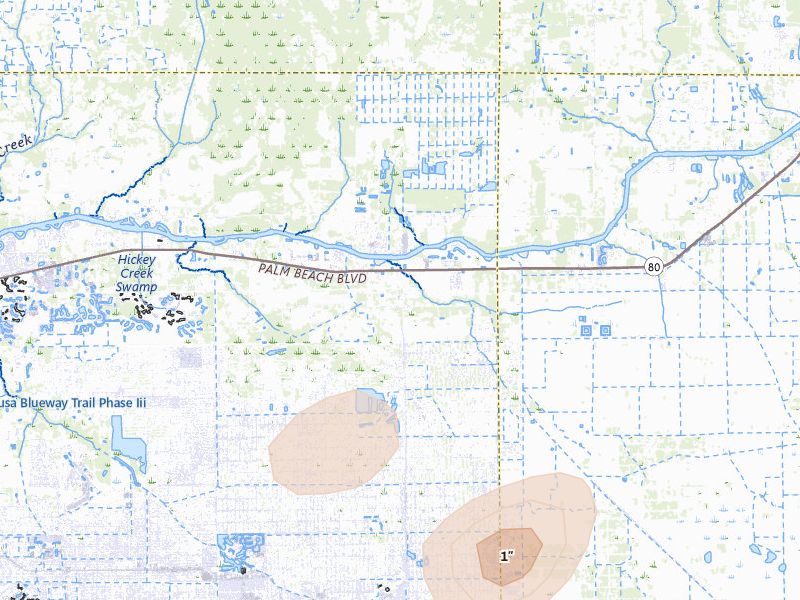 Radar-estimated hail-size map of the storm over Alva, FL on Aug 26, 2026