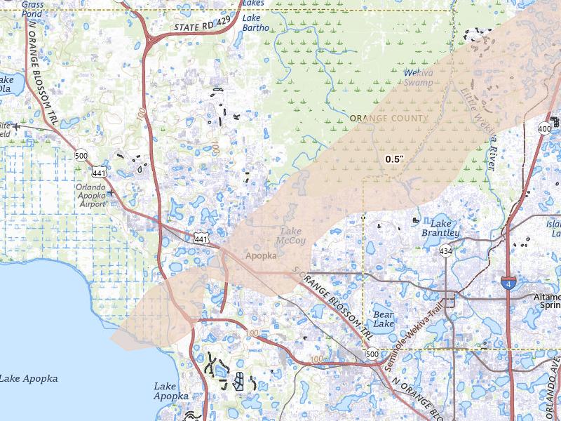 Radar-estimated hail-size map of the storm over Apopka, FL on Mar 16, 2026