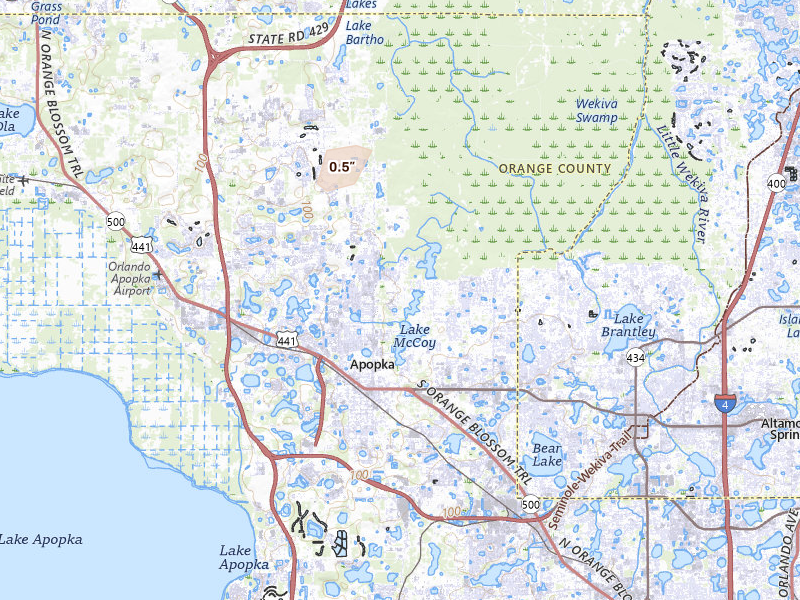 Radar-estimated hail-size map of the storm over Apopka, FL on Jul 8, 2026