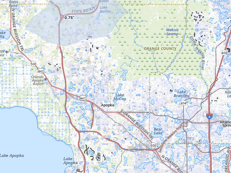 NEXRAD radar-signature map of the hail storm over Apopka, FL on Jul 30, 2026