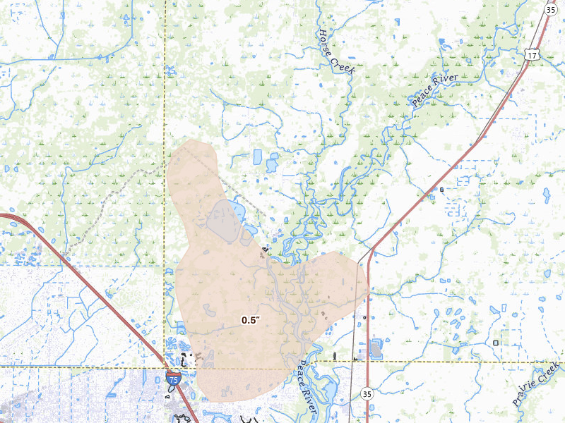 Radar-estimated hail-size map of the storm over Arcadia, FL on Mar 25, 2026